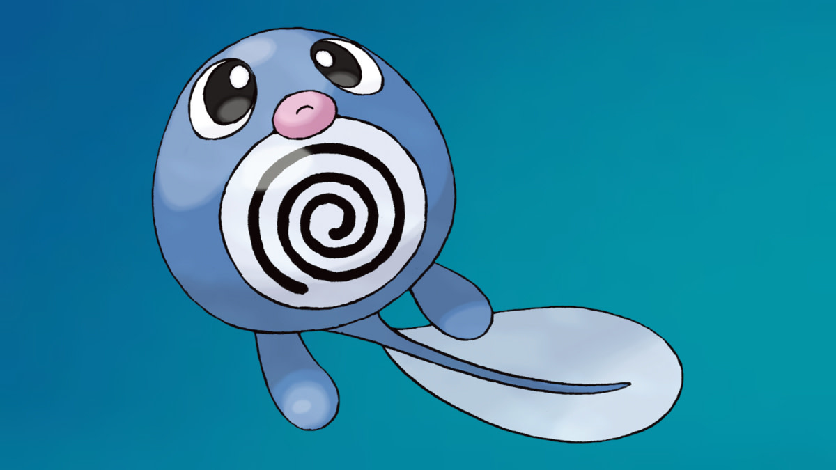 Pokémon Go Poliwag on Water-type background.